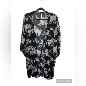 Spiritual Gangster Maya Kimono black gray floral open front with tie. OS